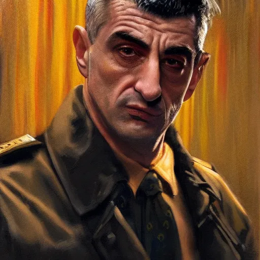 Image similar to realistic portrait of travis bickle ( robert deniro ), trending on artstation, low angle oil painting and composition laws, cinematic lighting, hyperdetailed, cgsociety, 8 k, martin scorsese cinematography, taxi driver