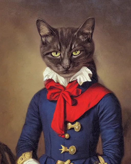 Prompt: portrait of cute dark brown cat with serious expression wearing 1 8 th century royal guard uniform in navy blue and red, joseph ducreux, greg rutkowski, regal, royal, princely, painting