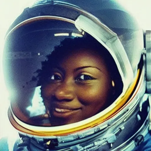 Image similar to “dark skinned astronaut wearing translucent helmet waving at the international space station nigerian woman facial features”