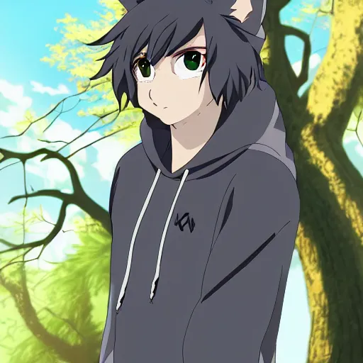 Image similar to key anime visual portrait of a handsome male anthro wolf furry fursona with beautiful eyes, wearing a hoodie in the forest, official modern animation