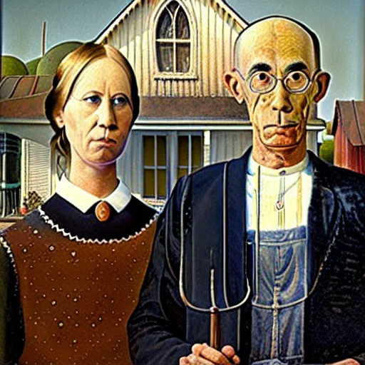 Prompt: A portrait of American Gothic by Grant Wood, but the people are astronauts.