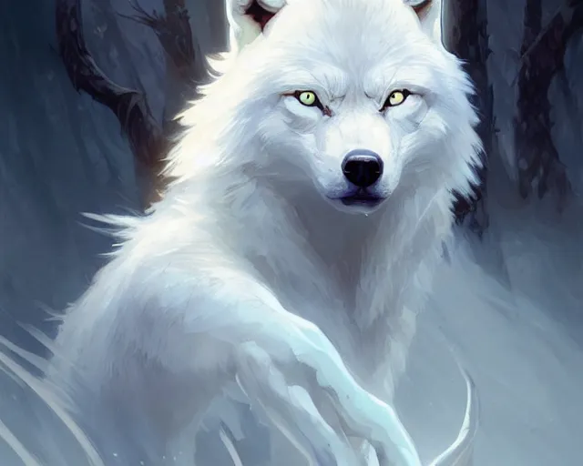 Prompt: albino wolf with blue eyes, deep focus, d & d, fantasy, intricate, elegant, highly detailed, digital painting, artstation, concept art, matte, sharp focus, illustration, hearthstone, art by artgerm and greg rutkowski and alphonse mucha