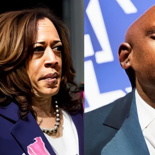 Prompt: kamala harris dressed up in hardcore gangbanger cosplay with face tattoos