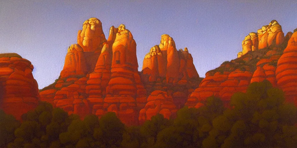Image similar to sedona's cathedral rock bluff, oil painting, twilight, intricate lines, elegant, extreme detail, sharp focus, art by vermeer and edward church
