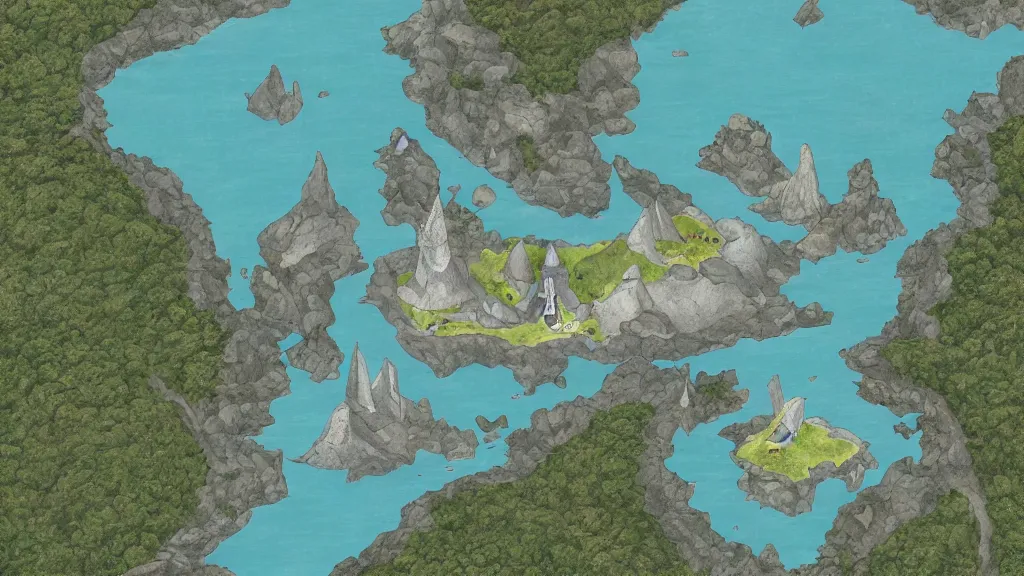 Image similar to Aerial view of an island with a wizard tower in the center an ice cave to the west, a fire cave to the east, a emerald mine to the north and a diamond mine to the south, lineart, colored