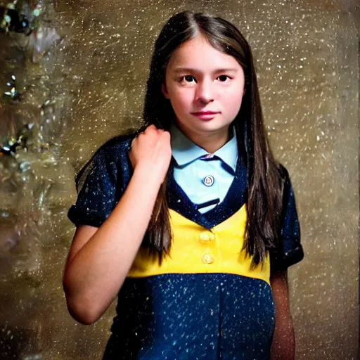 Image similar to night flash portrait photography of a high school girl in catholic school uniform on the lower east side by annie leibovitz, colorful, nighttime!, raining!