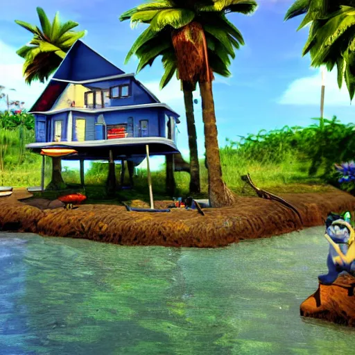 Prompt: Gorillaz Plastic Beach house on island, Realistic, HDR, 2010 style,,