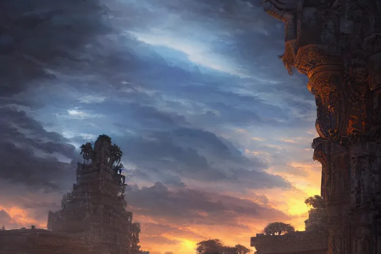 Image similar to cinematic lighting fantasy painting, an ancient land, sunset and ominous shadows over the kingdom, rivers and vilalges brutalist angkor rivendell by jessica rossier