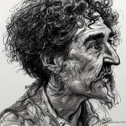 Image similar to a realistic yet scraggly portrait sketch of the side profile of a happy weird al, trending on artstation, intricate details, in the style of frank auerbach, in the style of sergio aragones, in the style of martin ansin, in the style of david aja, in the style of mattias adolfsson