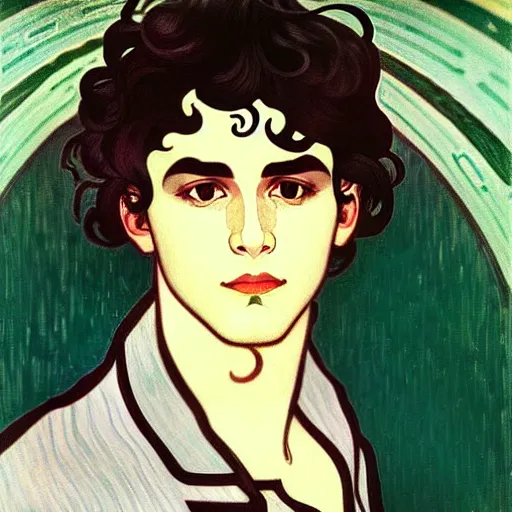 Prompt: painting of handsome beautiful dark medium wavy hair man in his 2 0 s named shadow taehyung at the cucumber soup party, elegant, clear, painting, stylized, delicate, soft facial features, paris, art, art by alphonse mucha, vincent van gogh, egon schiele