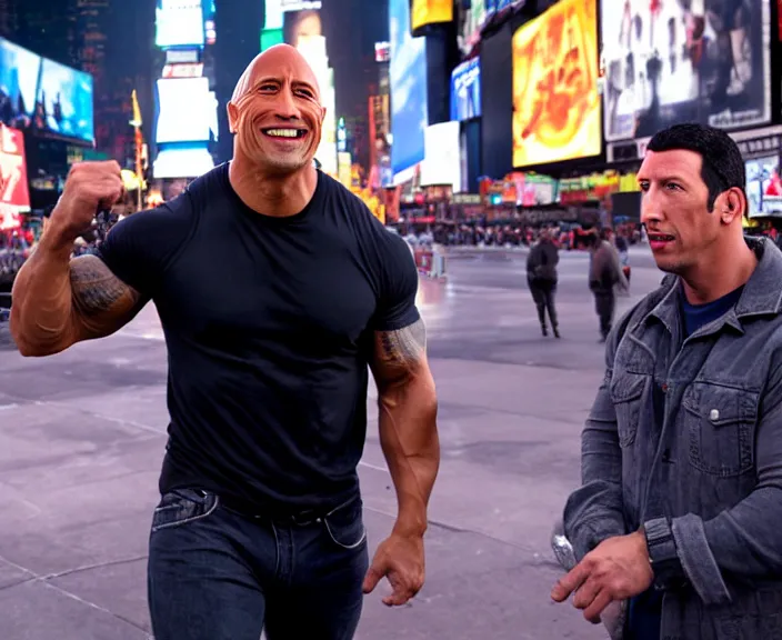 Prompt: dwayne the rock johnson and Adam Sandler on Methamphetamine at Times Square, photograph by Alfred Eisenstaedt, 4K, dramatic lighting; high energy; Full mood; 4K 8K