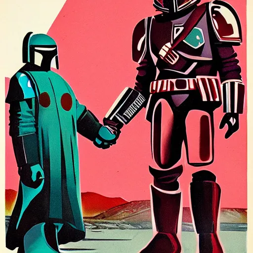 Prompt: soviet propaganda poster of the mandalorian and baby grogu