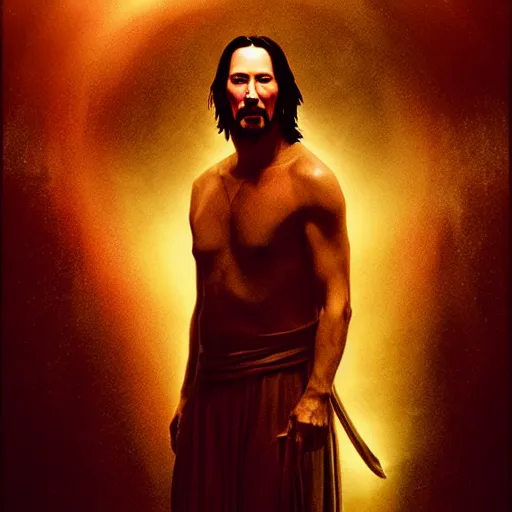 Image similar to keanu reeves as majestic gracious regal goddess persephone portrait, ancient greece, elysium, atmospheric lighting, painted, intricate, volumetric lighting, beautiful, rich deep colours masterpiece, golden hour, sharp focus, ultra detailed, by leesha hannigan, ross tran, thierry doizon, kai carpenter, ignacio fernandez rios