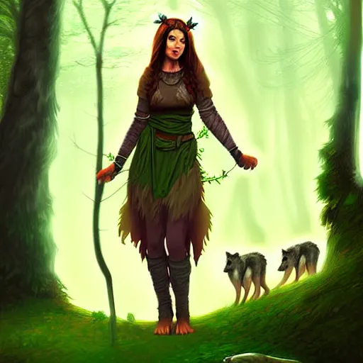 Prompt: a pretty druid surrounded by wolves digital painting, photorealistic, in the style of greg rutkowski, full body, detailed face