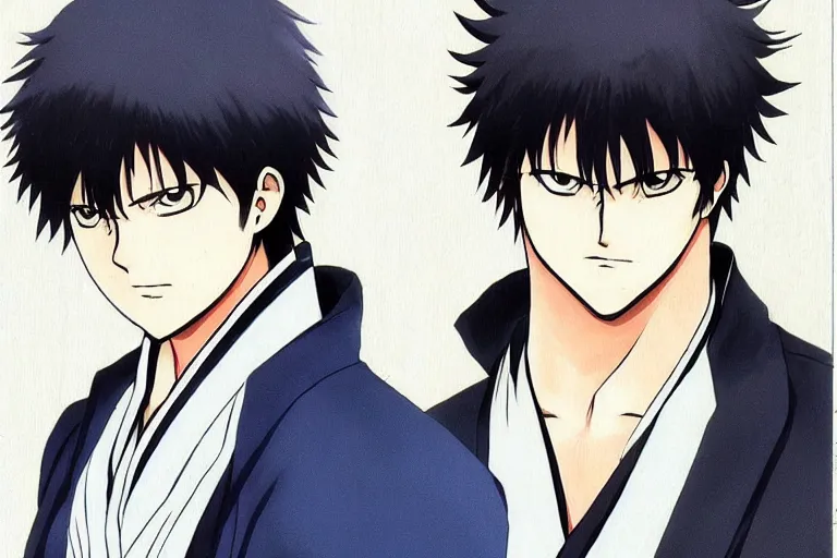 Prompt: A handsome man，Black short hair, blue eyes, Hijikata Toushirou of Gintama