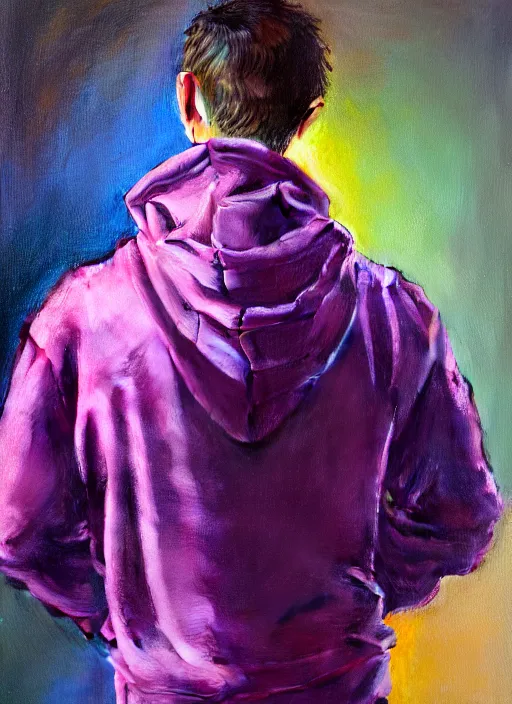 Prompt: young man in a purple hoodie, back view, messy short brown hair, colourful, oil painting, intricate, elegant, highly detailed, lighting, painting, artstation, smooth, illustration, art by greg rutowski and alphonse mucha