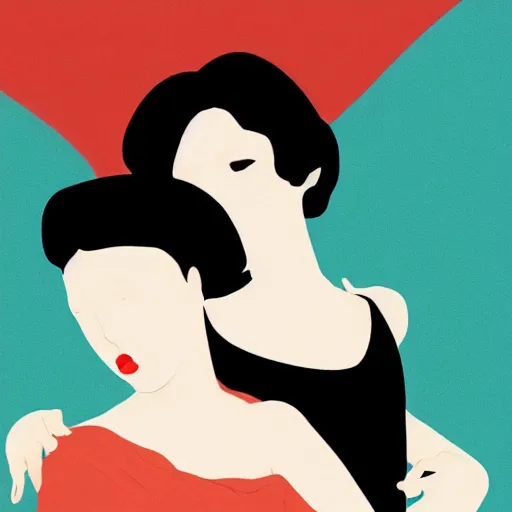 Image similar to Woman holding another woman, arm around her neck, she is Korean, the other black girl, both have red lips, wearing black veils, Edward Hopper and James Gilleard style