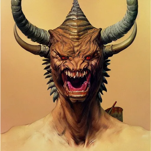 Image similar to upper body portrait a giant horned demon, by norman rockwell and boris vallejo, artstation, concept creature character art