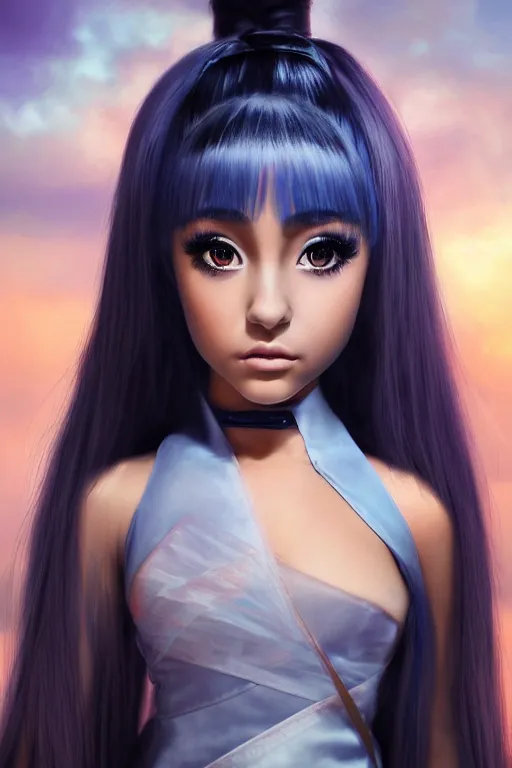 Image similar to highly detailed beautiful photo of blend of ariana grande and madison beer, as a young female samurai, practising sword stances, symmetrical face, beautiful eyes, cobalt blue hair, realistic anime art style, 8 k, award winning photo, pastels colours, action photography, 1 / 1 2 5 shutter speed, sunrise lighting