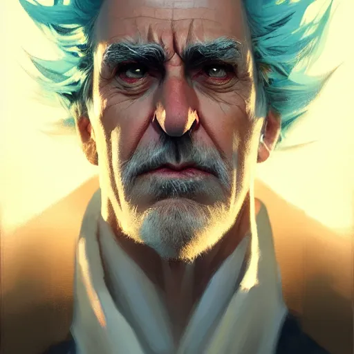 Image similar to rick sanchez portrait, dramatic light, lake background, 2 0 0 mm focal length, painted by stanley lau, painted by greg rutkowski, painted by stanley artgerm, digital art, trending on artstation