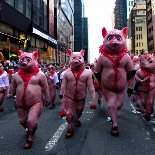 Prompt: a parade in new york city, everyone is dressed as Pigsy from Manhunt, 4k