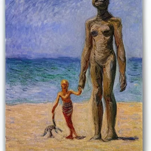 Image similar to a mummy and a werewold holding hands on ipanema beach by monet