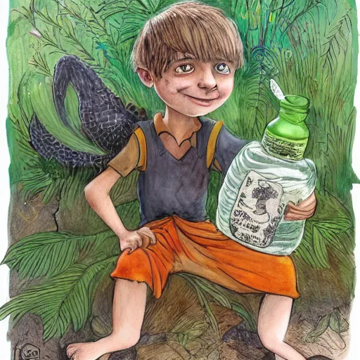 Image similar to award winning julia donaldson and rebecca guay style illustration drawing of a friendly south african boy and is little brother who holds a hazardous bottle, in a sunny african urban township environment in the 1 9 9 0's.
