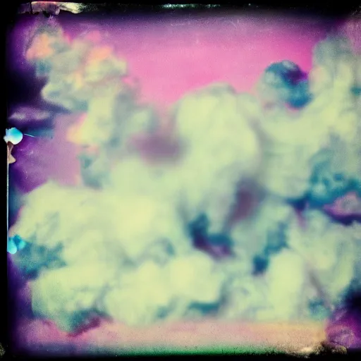 Image similar to polaroid of everything made from cotton candy, smoke, and clouds, mix, DADA collage, texture, lomography, fashion neon light in darkness