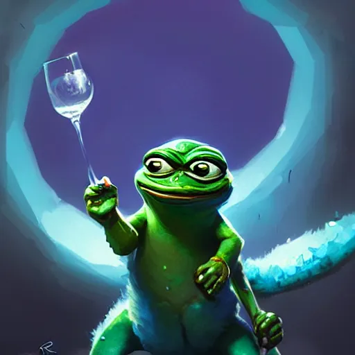 Image similar to super rich happy pepe, luxury, blue crystals, greg rutkowski