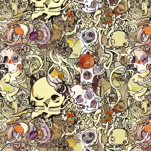 Prompt: anime manga pattern of birds and skulls spiral illustration style by Alphonse Mucha and comic pop art nouveau