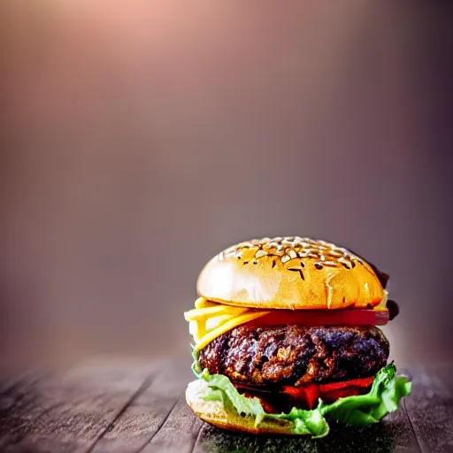Prompt: spider crawling out of a burger, award winning photo, food photography, golden hour, holy