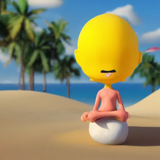 Image similar to a supercute cartoonnetwork lemon character, that is cute and good looking, it's is relaxing on a beach, by dalle - 2, octane render, 3 d, volumetric lightening,