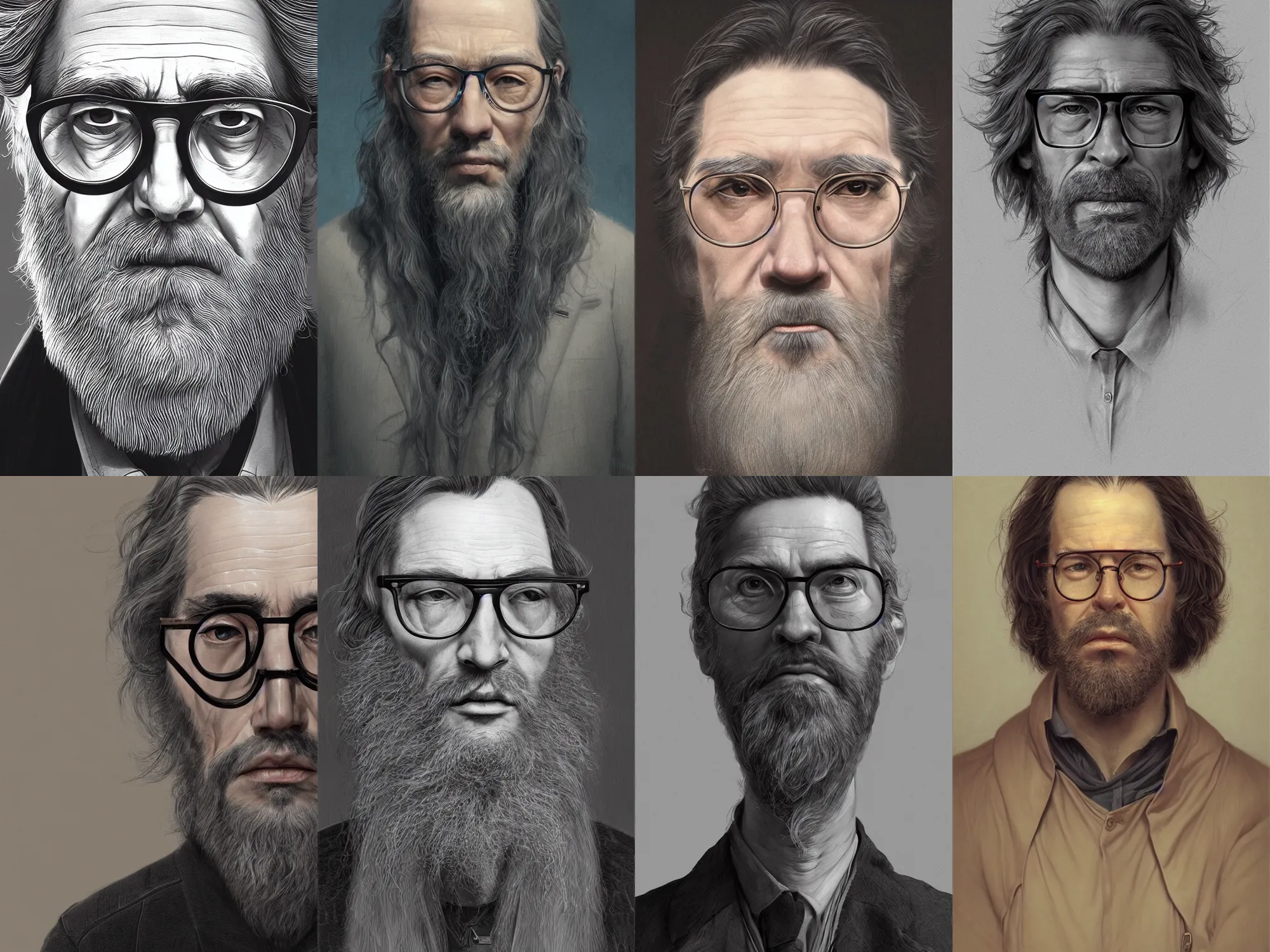 Prompt: a portrait of a man with glasses and long hairs, art by James Jean and Wayne Barlowe, high detail, cinematic, cgsociety 8k