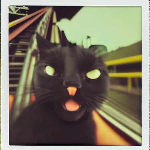 Prompt: black cat on a rollercoaster. the cat is enjoying the ride. sunlight. polaroid photo. saturated colors. selfie