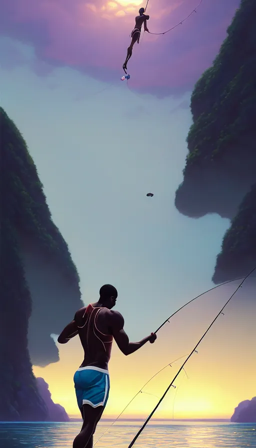 Image similar to highly detailed portrait of one athletic modern jamaican man, fishing, magical glowing fishing rod, ocean background, symmetry, unreal engine, fantasy art by greg rutkowski, loish, rhads, makoto shinkai and lois van baarle, ilya kuvshinov, rossdraws, tom bagshaw, global illumination, radiant light, detailed and intricate environment