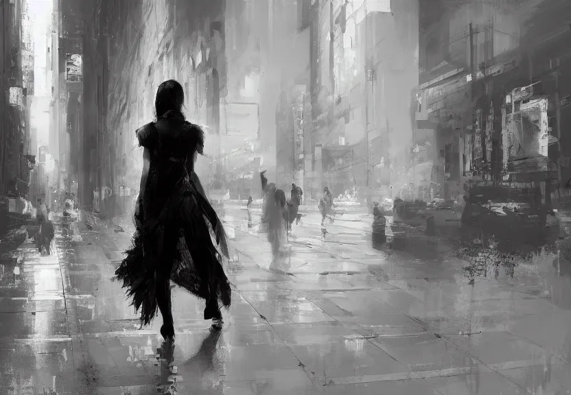 Prompt: painting of the figure of a woman in an urban scenery, high contrast, concept art, city, dramatic lighting, digital art, 8 k, extremely detailed, drawn by ruan jia