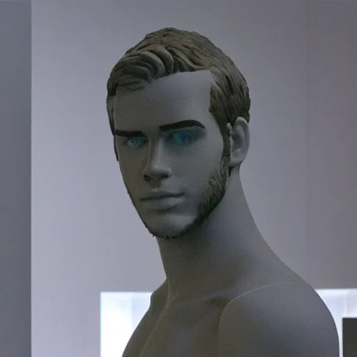 Image similar to “a realistic detailed photo of a guy who is an attractive humanoid who is half robot and half humanoid, who is a male android, actor Liam Hemsworth, shiny skin, posing like a statue, blank stare, at the museum, on display”