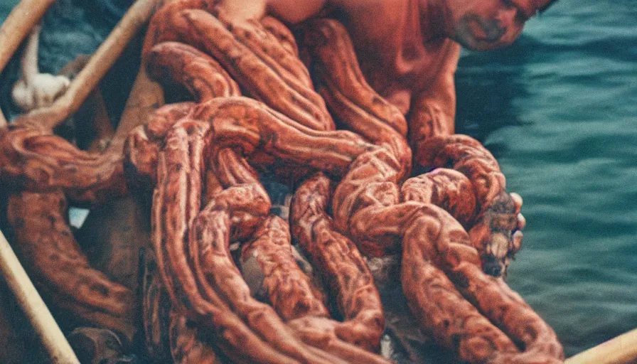 Image similar to 1 9 7 0 s movie still of a man in a barque in a intestine, cinestill 8 0 0 t