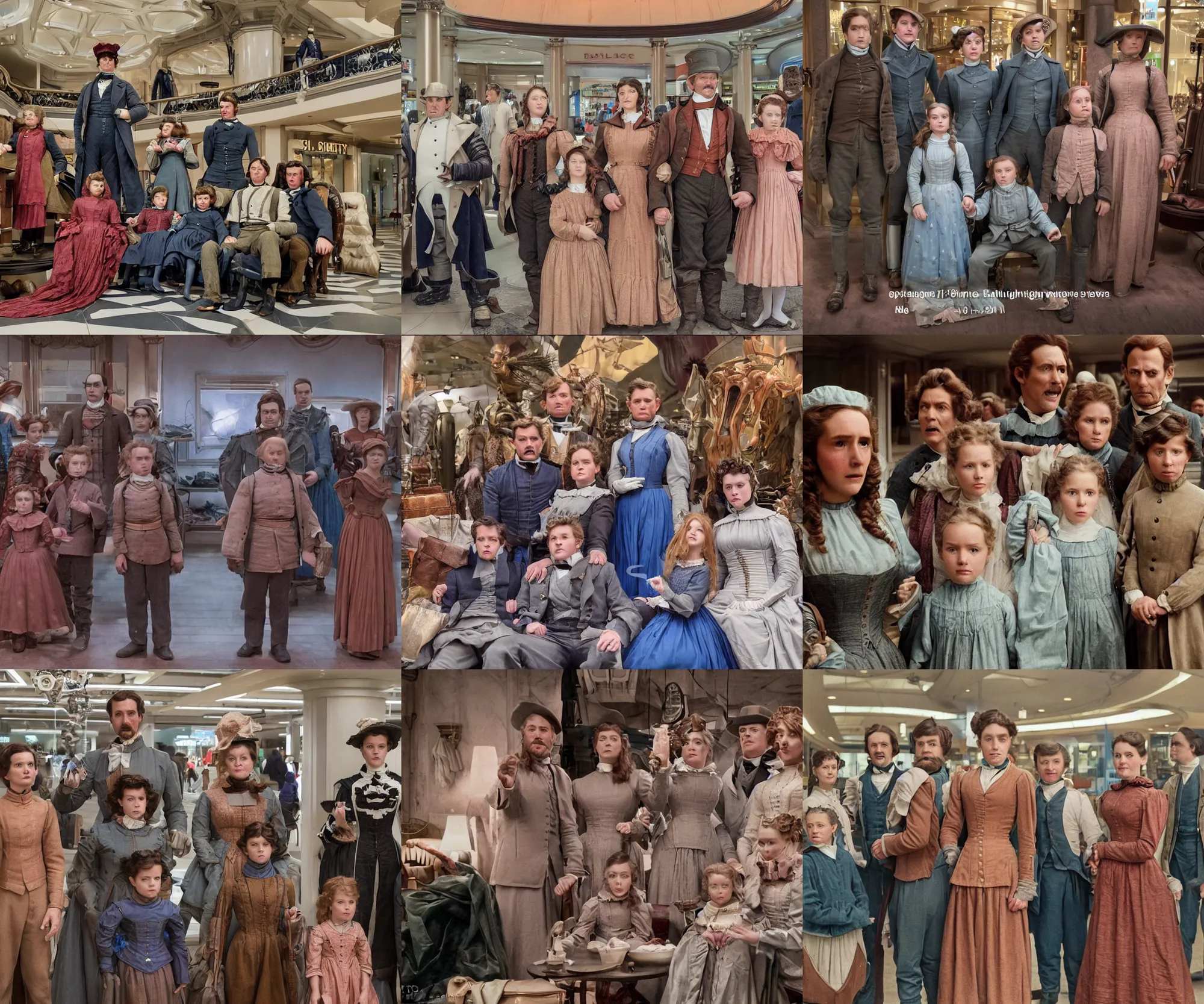 Prompt: sharp, highly detailed, high quality frame scan from a sci fi blockbuster color movie made in 2019, a family of four time travelers from 1860 travel in time to 2019, appearing in a shopping mall, looking surprised, the family are all wearing 1860s era clothes, good lighting, in focus, cinematic still, high quality scan, in focus, 35mm macro lens, oscar winner, award winning lighting, award winning photography, ultra high definition