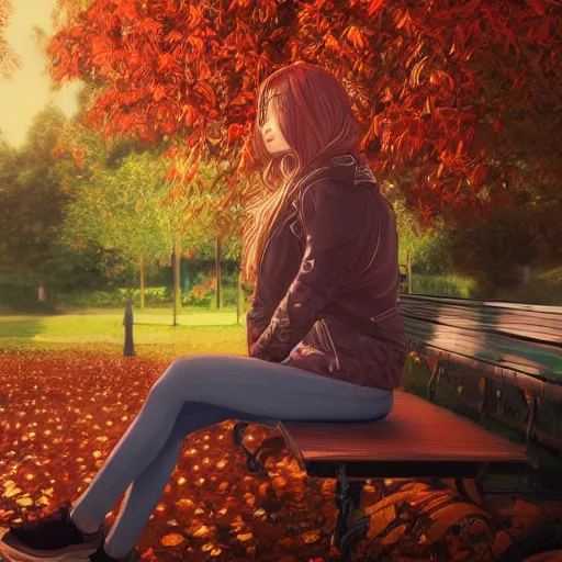 Image similar to highly detailed and intricate wlop artwork of a beautiful woman wearing casual clothes sitting on a park bench in the fall, volumetric lighting, extremely complex, trending on artstation, featured on behance, 4 k, 8 k, 1 6 k