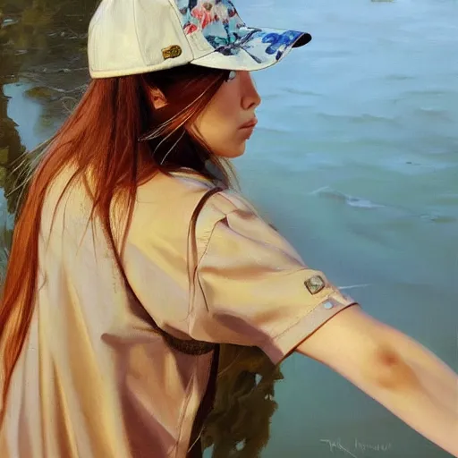 Image similar to oil painting by ilya kuvshinov,, baugh casey, artgerm craig mullins, leyendecker, of a youthful japanese girl, long hair, fishing and wearing fisherman's outfit, fisherman's hat, highly detailed, breathtaking face, studio photography, noon, intense bounced light, water reflection, large tree casting shadow, serine intense sunlight