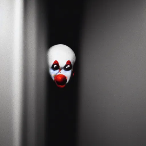 Prompt: terrifying clown in the corner of a dark room, creepypasta, blurry camera photo