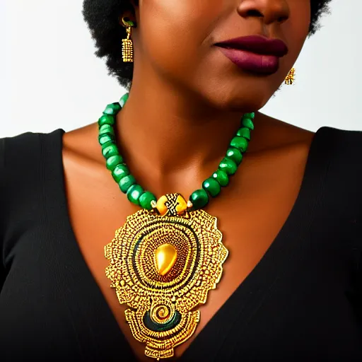 Image similar to portrait of a beautiful black woman wearing a gold and jade necklace of intricate design