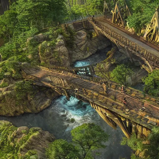 Prompt: a topdown battlemap from 9 0 degrees angle of a forest, dnd encounter, bridge, river, rocks, dawn, dark fantasy, extremely detailed, no people, photorealistic, octane render, 8 k, unreal engine 5. art by artgerm and greg rutkowski and alphonse mucha