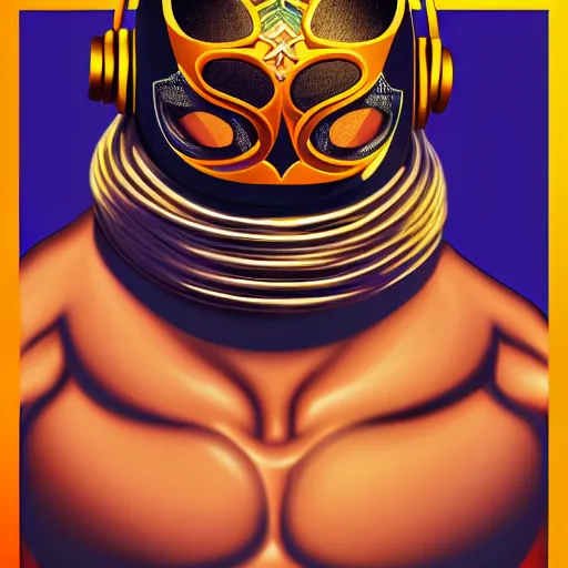 Image similar to portrait of lucha libre dj, muscular, headphones, thick golden ring around the neck, fantasy, intricate, elegant, highly detailed, digital painting, artstation, concept art, smooth, sharp focus, illustration, art by tom of finland