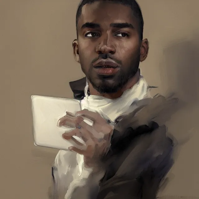 Prompt: a lightskinned black man with short hair, clean shaven, using a macbook, portrait, elegant, intricate, digital painting, artstation, concept art, smooth, sharp focus, illustration, art by konstantin korovin and daniel f. gerhartz and john howe