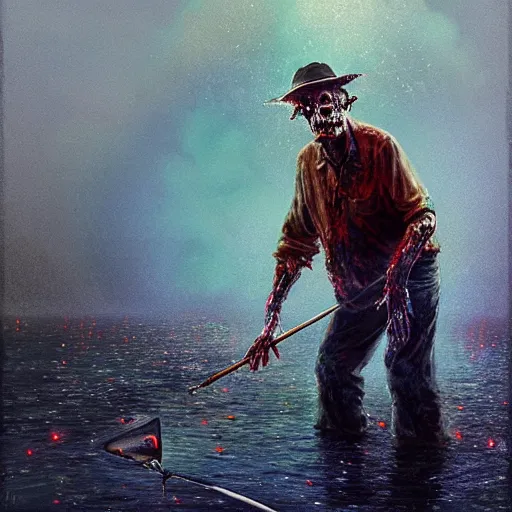 Image similar to UHD photorealistic Cosmic Zombie Alfred E. Newman fishing in a radioactive lake of fire, in the style of tonalism by Greg Rutkowski