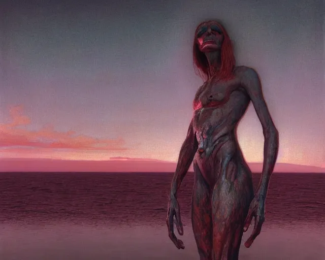 Prompt: iridescent, portrait, neon body, rocky lake shore, alien woman, a otherwordly huge monster is appraching from the horizon, glowing red, by edgar maxence and ross tran, zdzisław beksinski, and michael whelan, distant, gustav dore, h. r. giger, 8 k, octane render