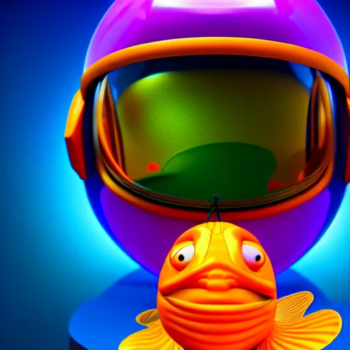 Prompt: buzz light year without a head!!! with a goldfish swimming inside the visor!!! christi du toit style, octane render, artistic, vibrant colors, award winning, unreal engine, houdini render, studio light