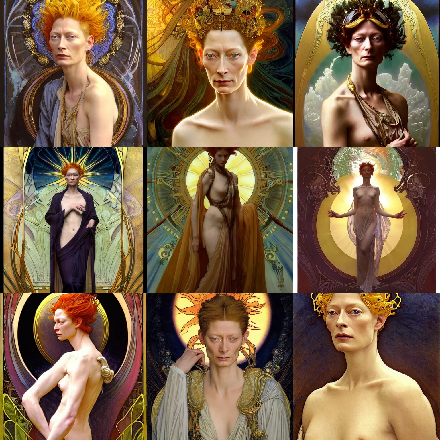 Prompt: stunning, breathtaking, awe-inspiring award-winning concept art nouveau painting of attractive Tilda Swinton as the goddess of the sun, with anxious, piercing eyes, by Alphonse Mucha, Michael Whelan, William Adolphe Bouguereau, John Williams Waterhouse, and Donato Giancola, cyberpunk, extremely moody lighting, glowing light and shadow, atmospheric, cinematic, Unreal Engine, 8K